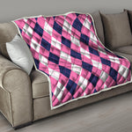 Pink Blue And White Argyle Pattern Print Quilt
