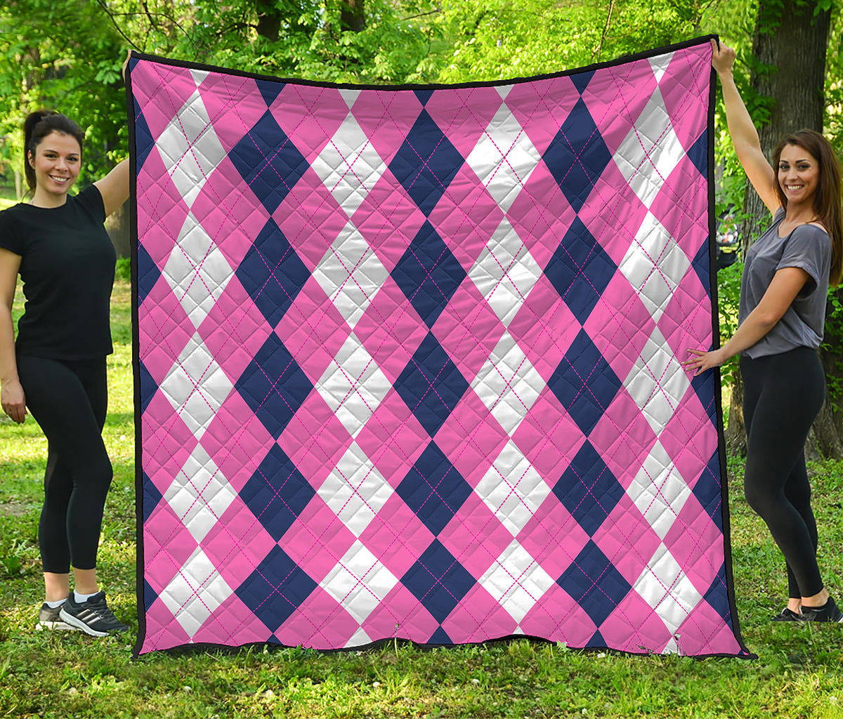 Pink Blue And White Argyle Pattern Print Quilt