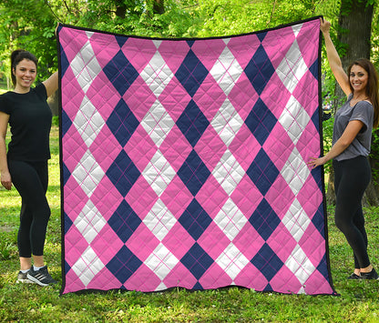 Pink Blue And White Argyle Pattern Print Quilt