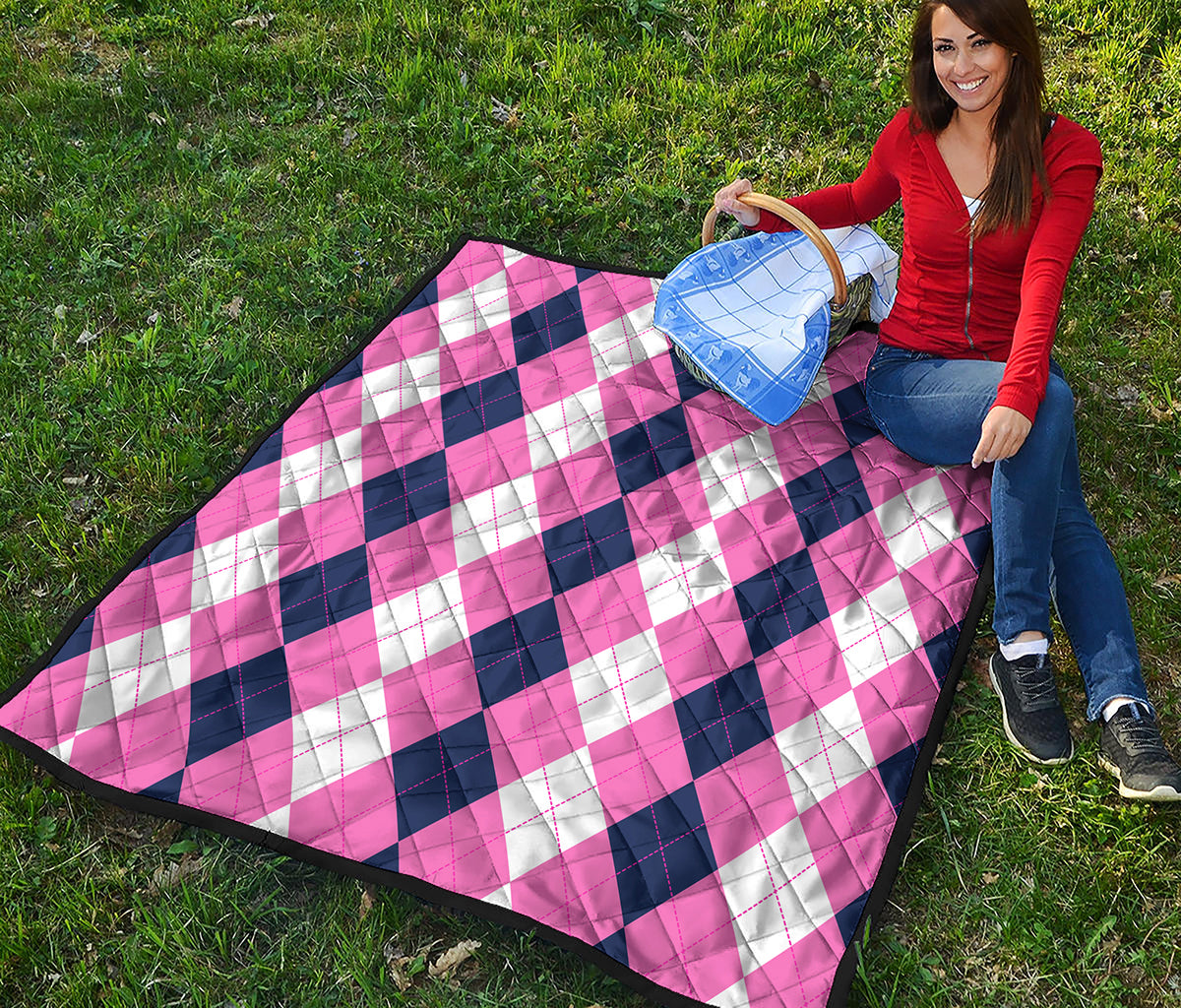 Pink Blue And White Argyle Pattern Print Quilt