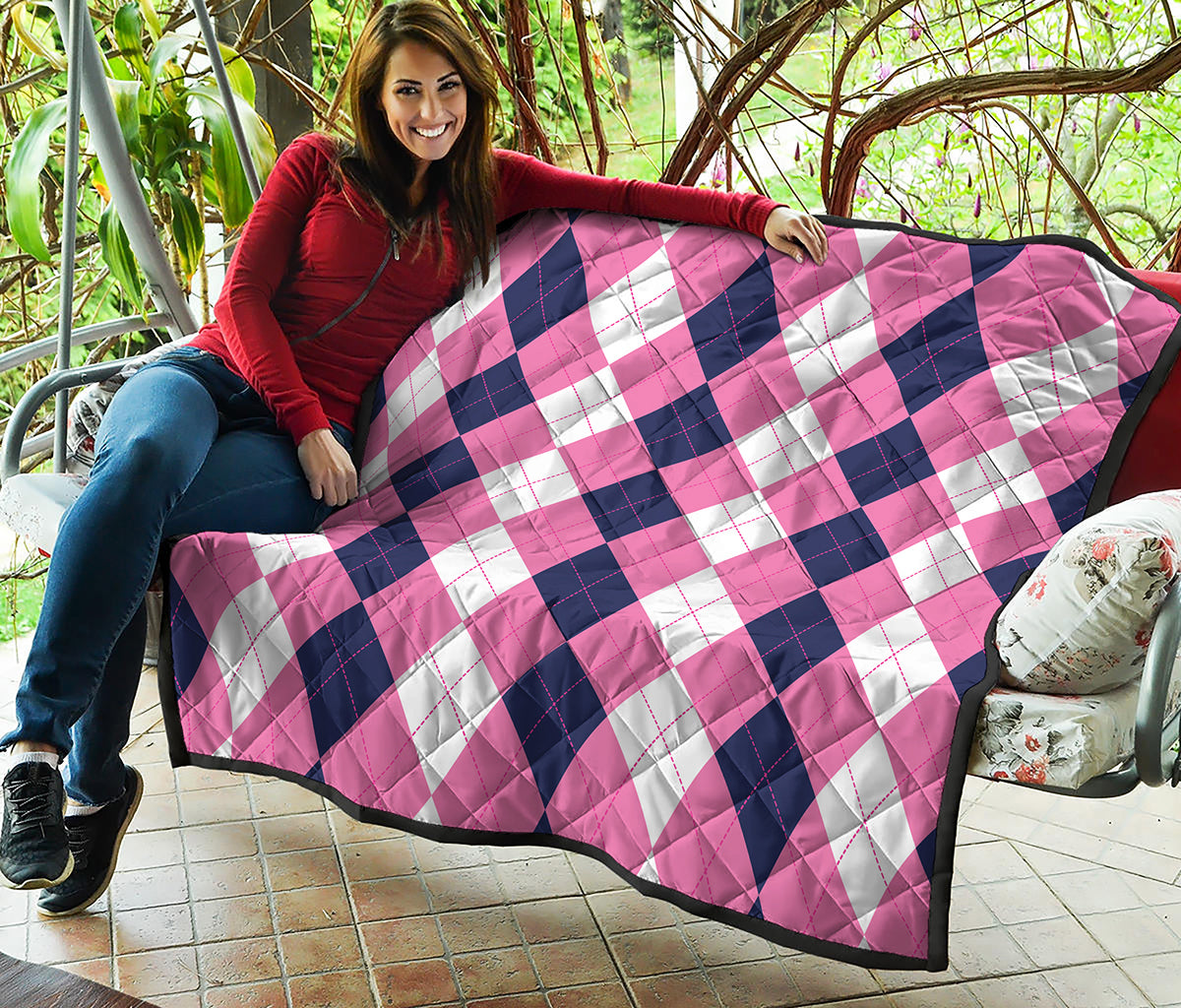 Pink Blue And White Argyle Pattern Print Quilt