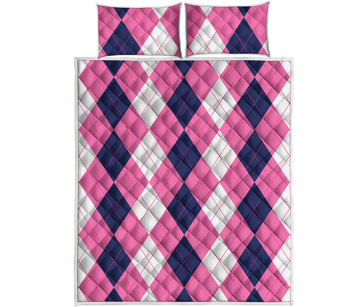 Pink Blue And White Argyle Pattern Print Quilt Bed Set