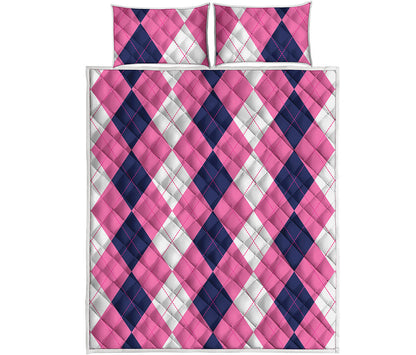 Pink Blue And White Argyle Pattern Print Quilt Bed Set