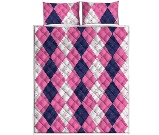 Pink Blue And White Argyle Pattern Print Quilt Bed Set