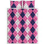 Pink Blue And White Argyle Pattern Print Quilt Bed Set