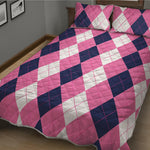 Pink Blue And White Argyle Pattern Print Quilt Bed Set