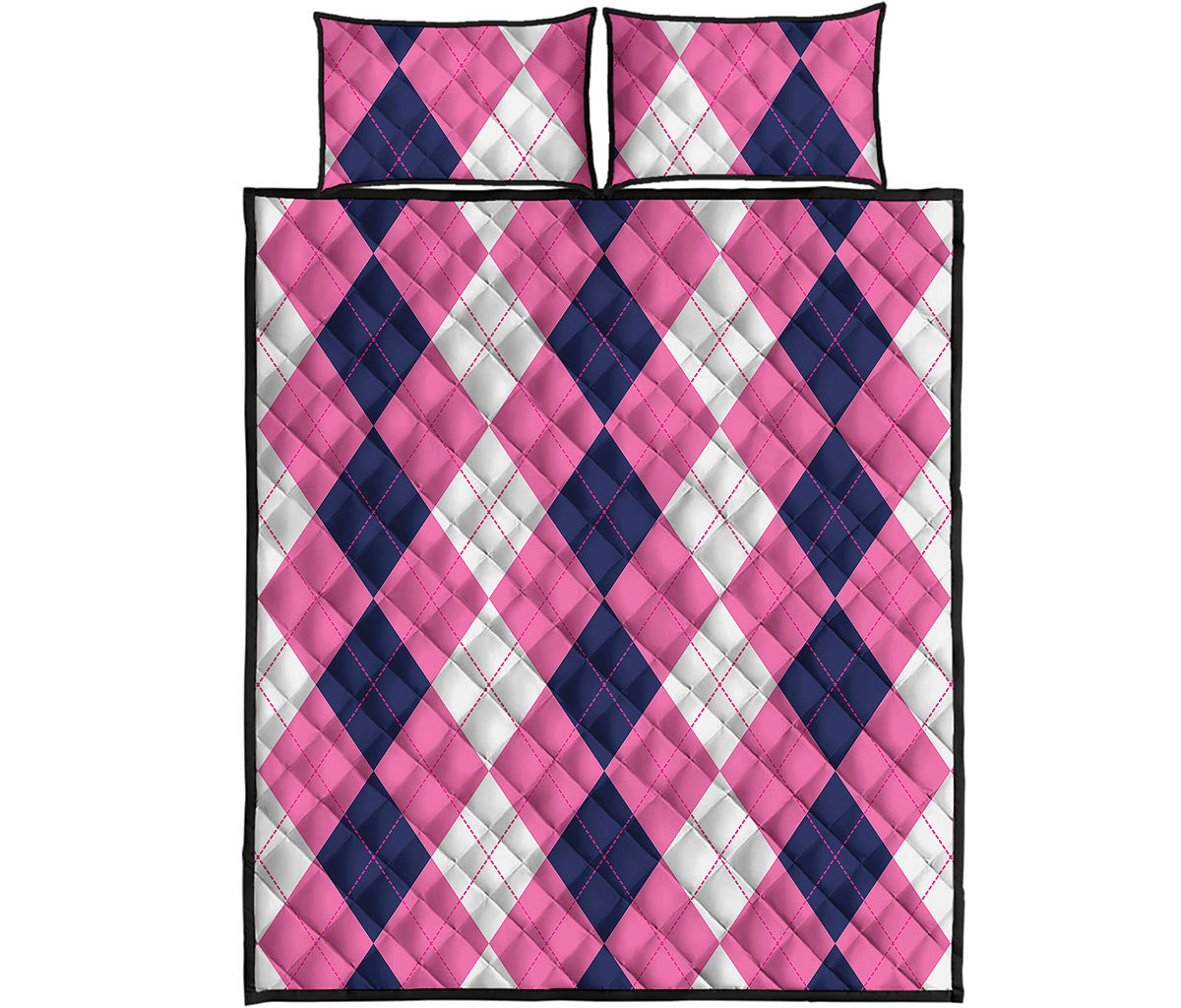 Pink Blue And White Argyle Pattern Print Quilt Bed Set