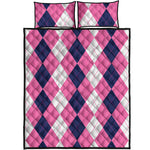 Pink Blue And White Argyle Pattern Print Quilt Bed Set
