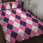 Pink Blue And White Argyle Pattern Print Quilt Bed Set