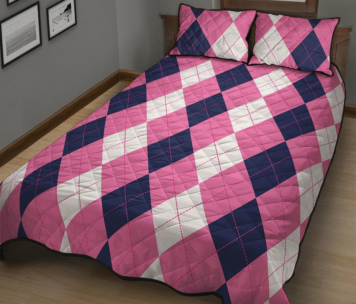Pink Blue And White Argyle Pattern Print Quilt Bed Set