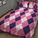 Pink Blue And White Argyle Pattern Print Quilt Bed Set