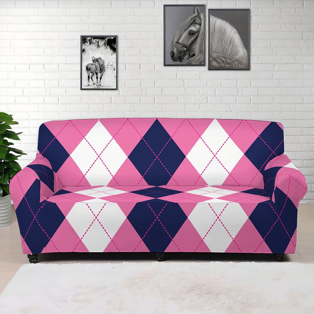 Pink Blue And White Argyle Pattern Print Sofa Cover