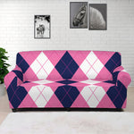 Pink Blue And White Argyle Pattern Print Sofa Cover