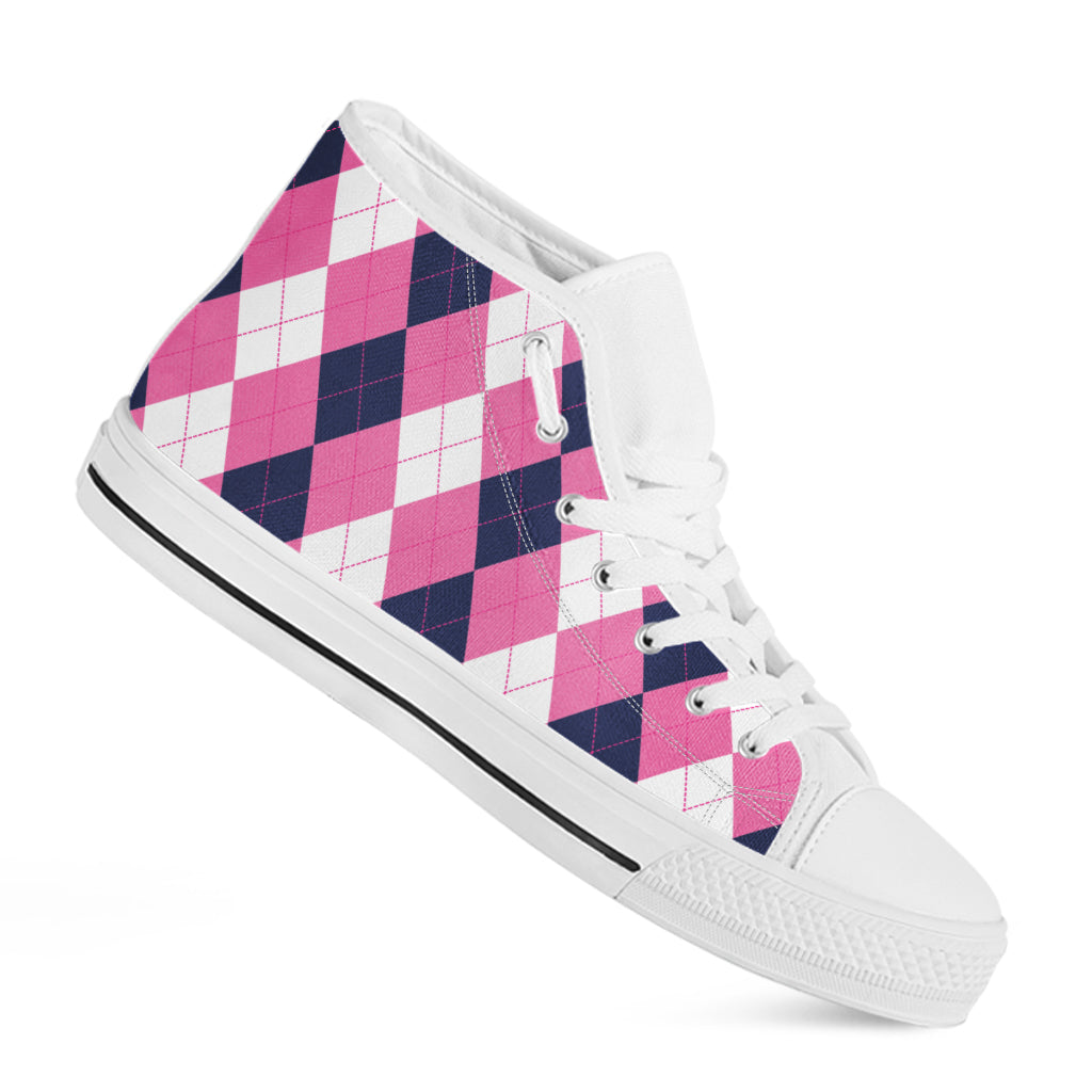 Pink Blue And White Argyle Pattern Print White High Top Shoes