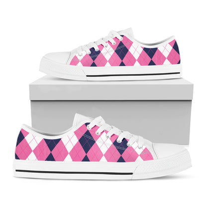 Pink Blue And White Argyle Pattern Print White Low Top Shoes