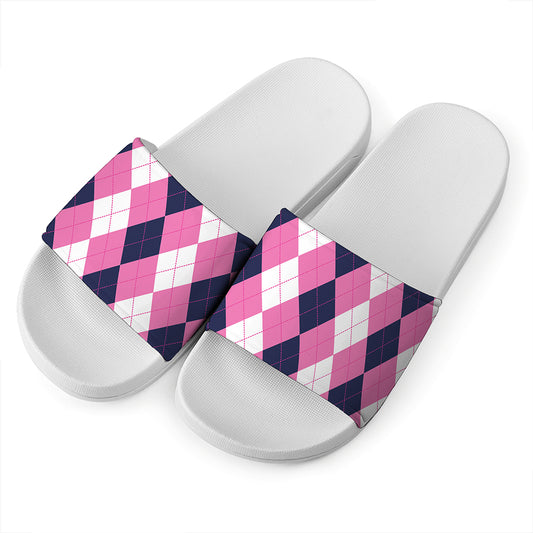 Pink Blue And White Argyle Pattern Print White Slide Sandals
