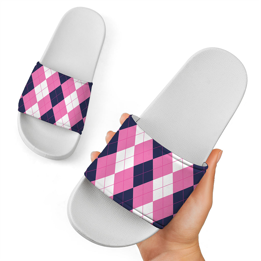 Pink Blue And White Argyle Pattern Print White Slide Sandals