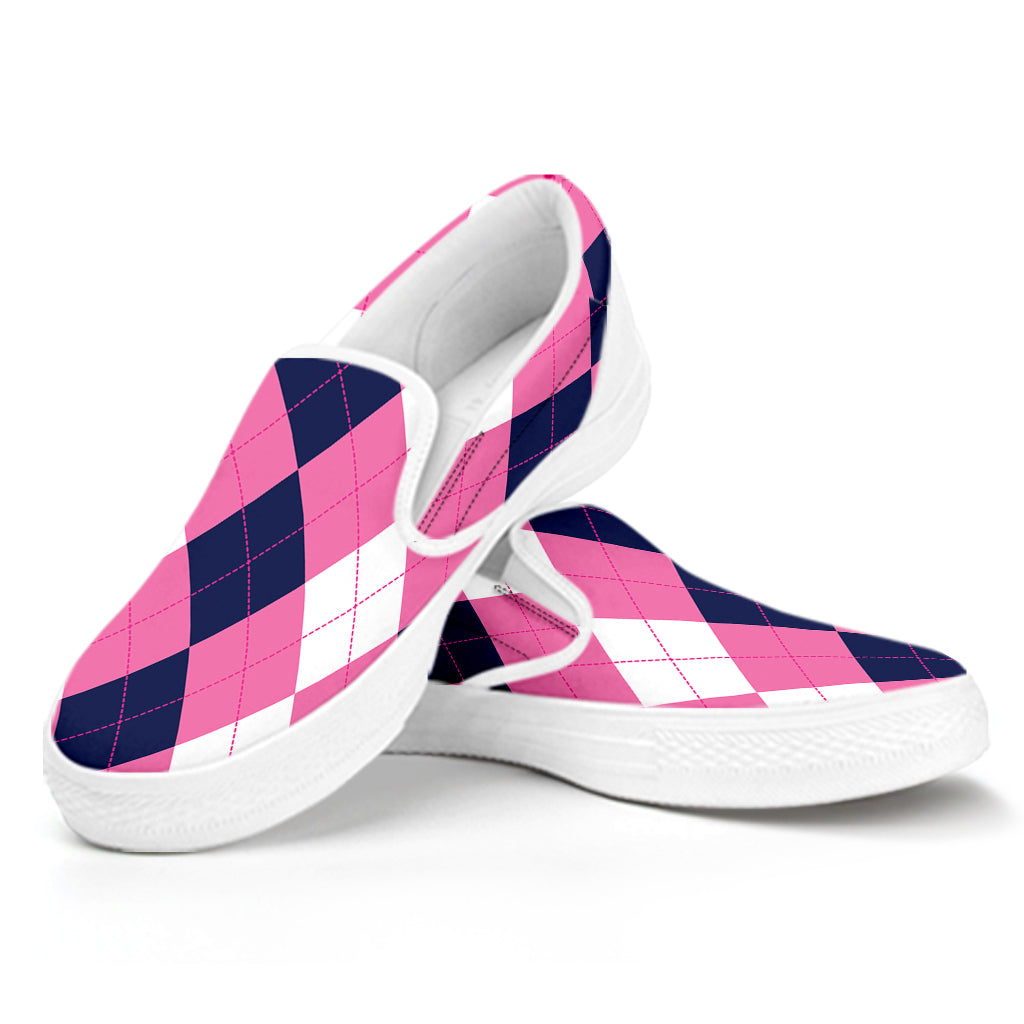 Pink Blue And White Argyle Pattern Print White Slip On Shoes