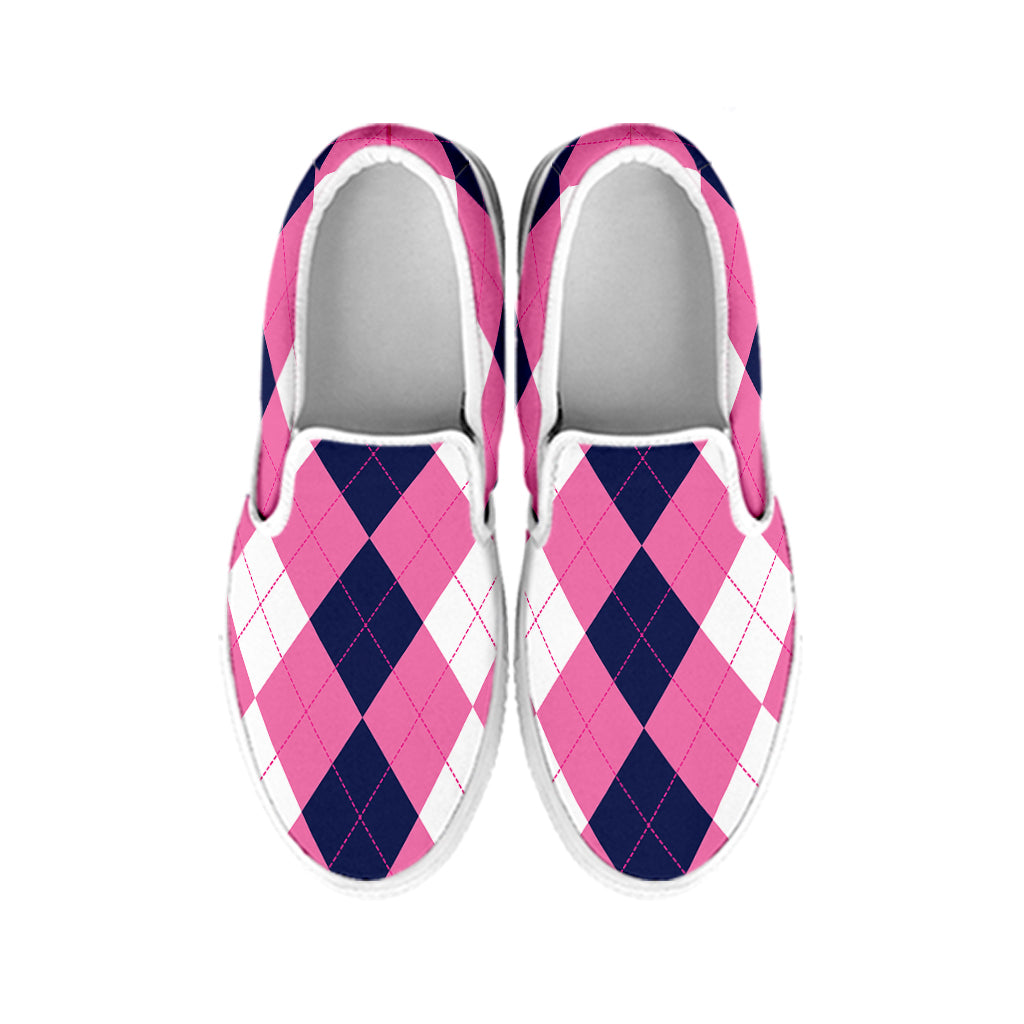Pink Blue And White Argyle Pattern Print White Slip On Shoes
