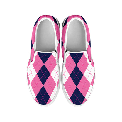 Pink Blue And White Argyle Pattern Print White Slip On Shoes