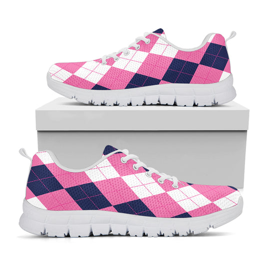 Pink Blue And White Argyle Pattern Print White Sneakers