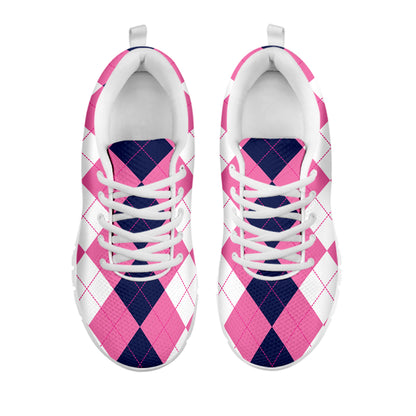 Pink Blue And White Argyle Pattern Print White Sneakers