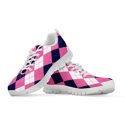 Pink Blue And White Argyle Pattern Print White Sneakers