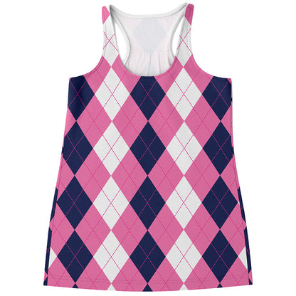 Pink Blue And White Argyle Pattern Print Women's Racerback Tank Top