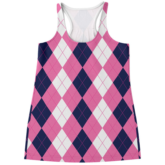 Pink Blue And White Argyle Pattern Print Women's Racerback Tank Top