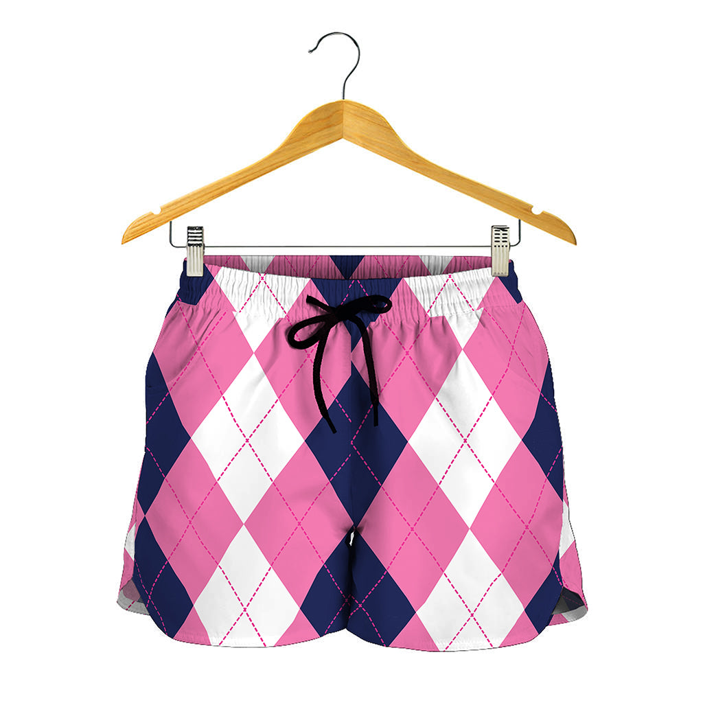 Pink Blue And White Argyle Pattern Print Women's Shorts