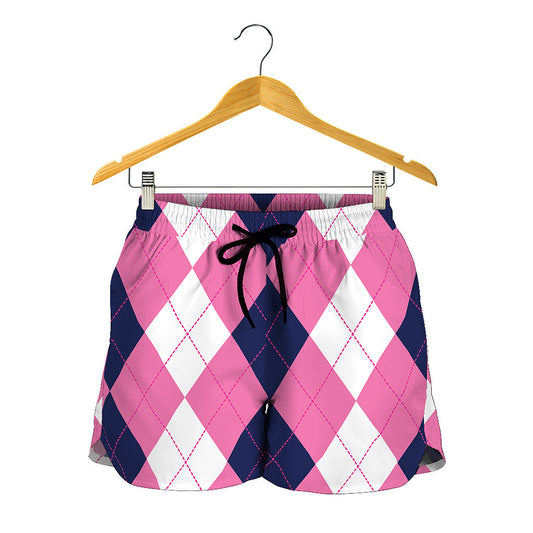 Pink Blue And White Argyle Pattern Print Women's Shorts