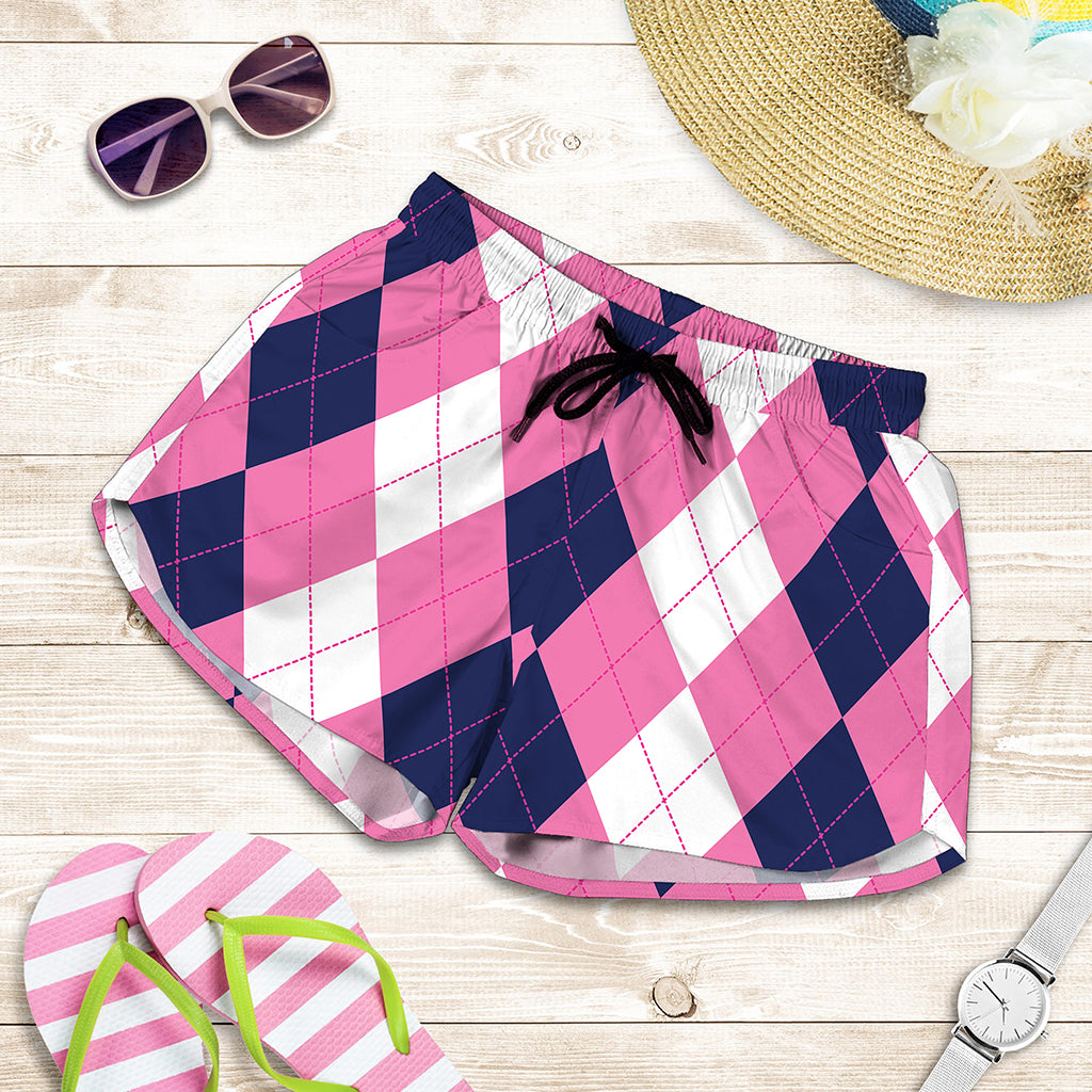 Pink Blue And White Argyle Pattern Print Women's Shorts