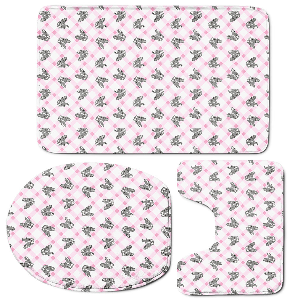 Pink Boston Terrier Plaid Print 3 Piece Bath Mat Set