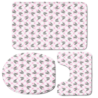 Pink Boston Terrier Plaid Print 3 Piece Bath Mat Set