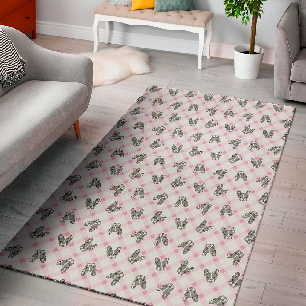 Pink Boston Terrier Plaid Print Area Rug