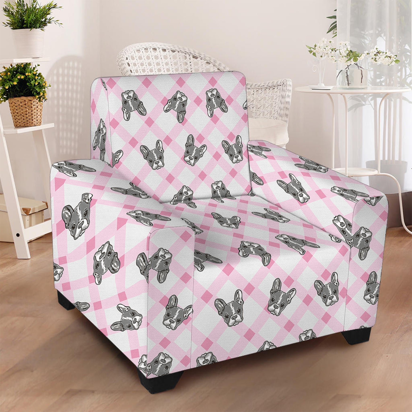 Pink Boston Terrier Plaid Print Armchair Slipcover