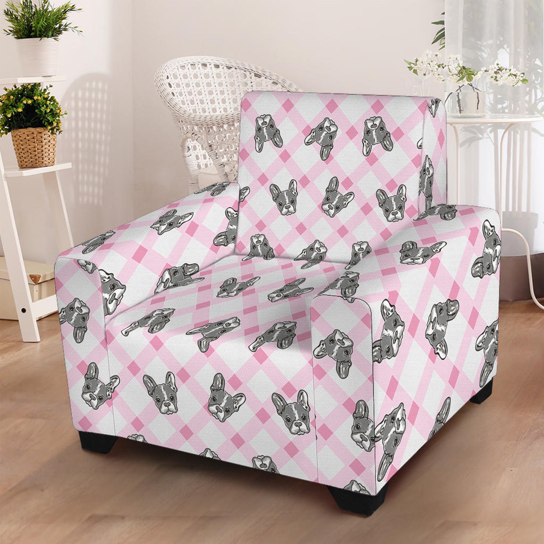 Pink Boston Terrier Plaid Print Armchair Slipcover