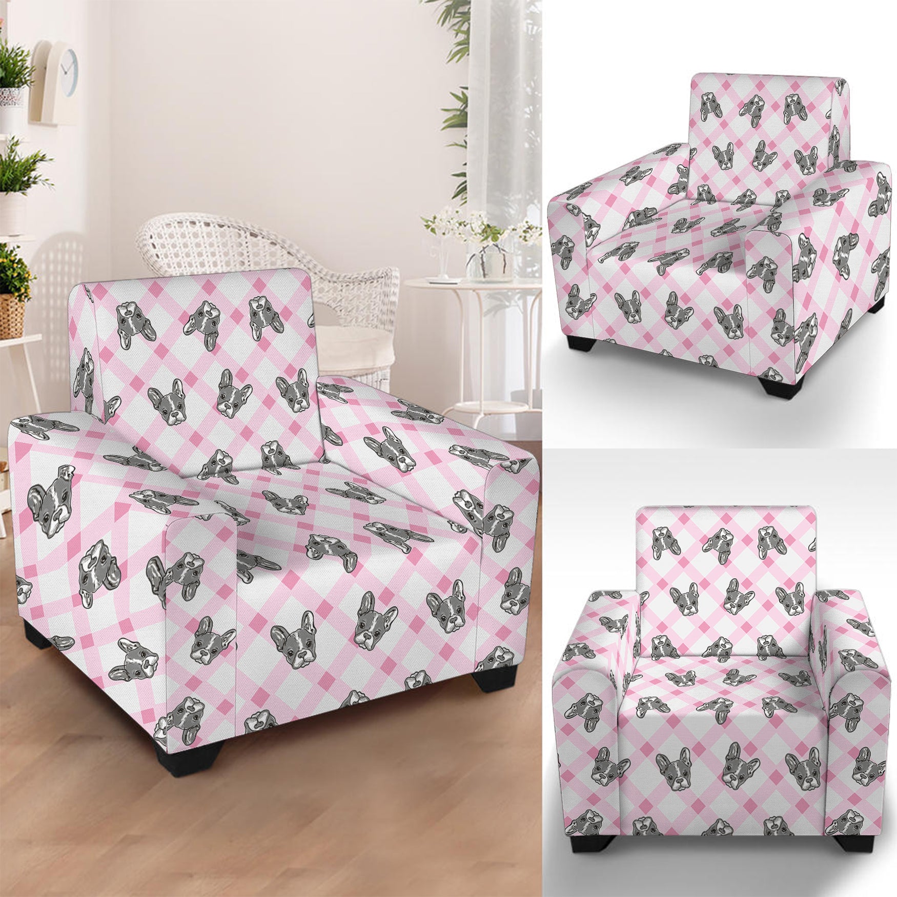 Pink Boston Terrier Plaid Print Armchair Slipcover