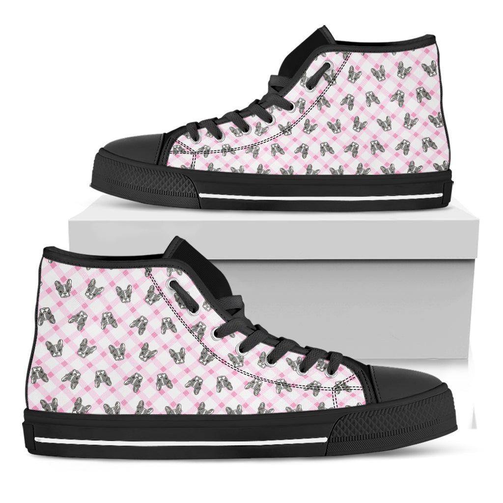 Pink Boston Terrier Plaid Print Black High Top Shoes