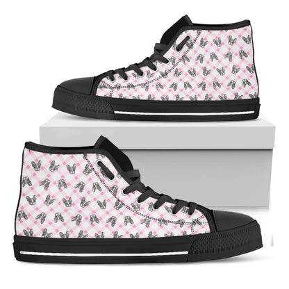 Pink Boston Terrier Plaid Print Black High Top Shoes