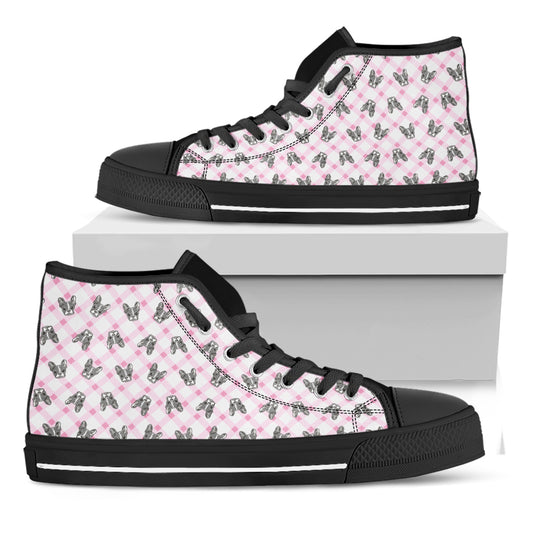 Pink Boston Terrier Plaid Print Black High Top Shoes