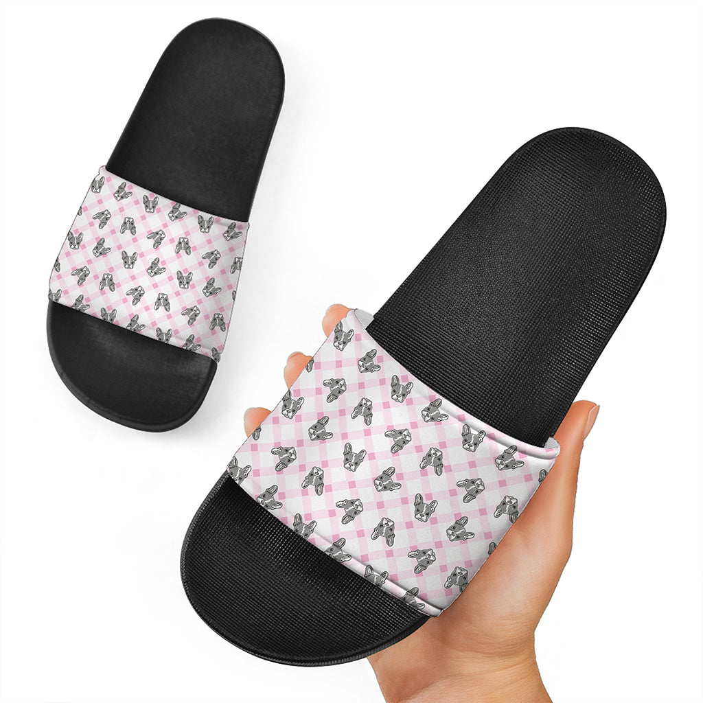 Pink Boston Terrier Plaid Print Black Slide Sandals