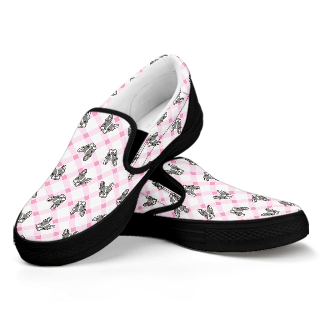 Pink Boston Terrier Plaid Print Black Slip On Shoes