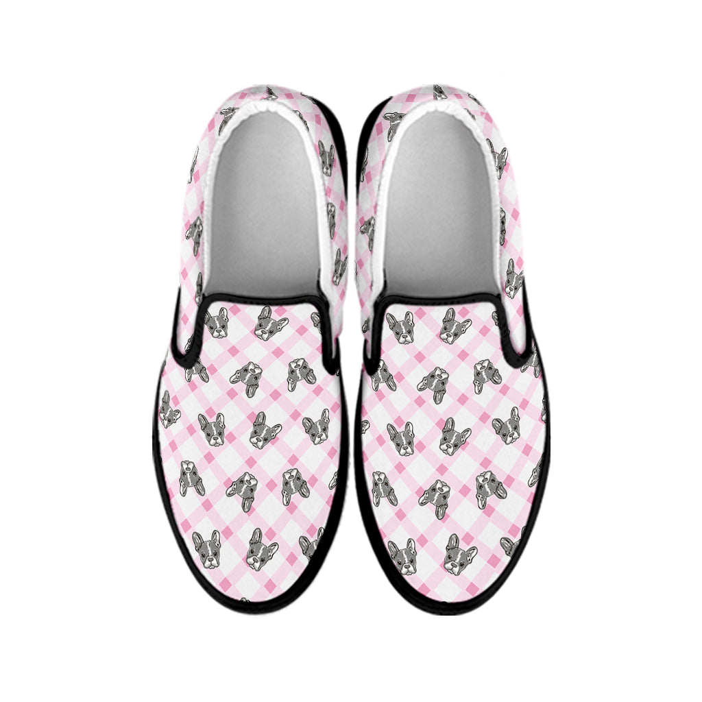 Pink Boston Terrier Plaid Print Black Slip On Shoes