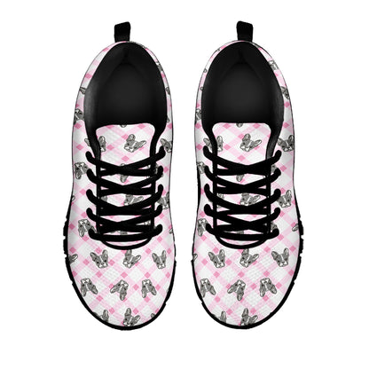 Pink Boston Terrier Plaid Print Black Sneakers