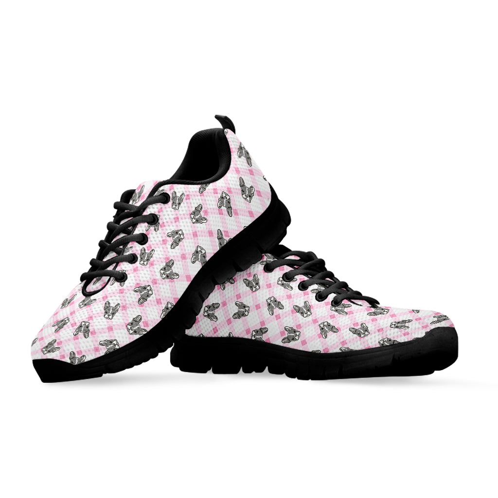 Pink Boston Terrier Plaid Print Black Sneakers
