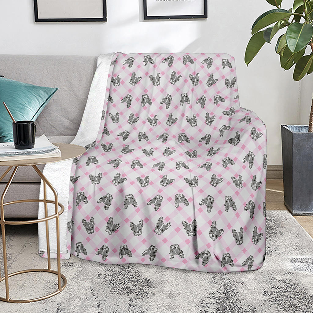 Pink Boston Terrier Plaid Print Blanket