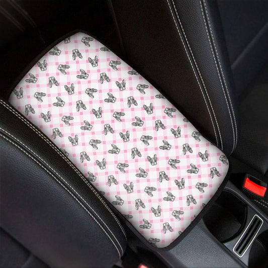 Pink Boston Terrier Plaid Print Car Center Console Cover