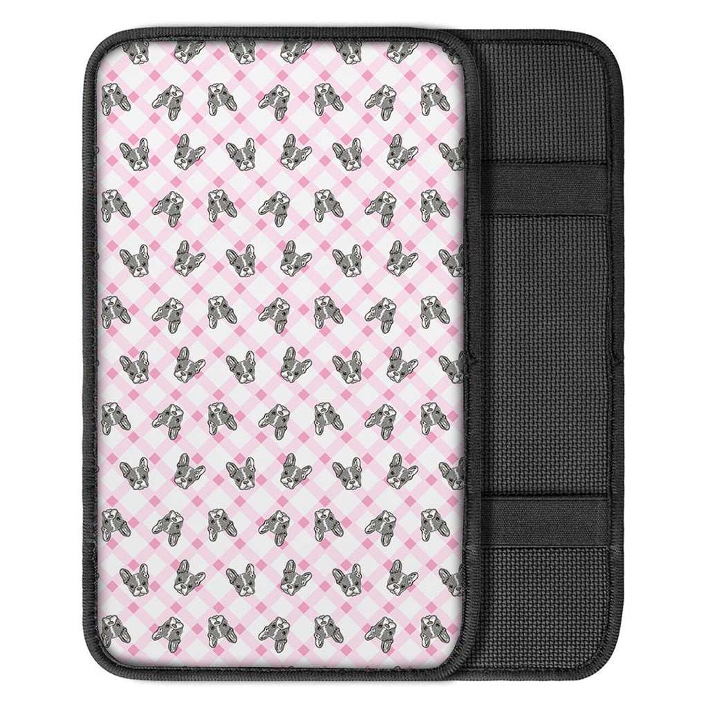 Pink Boston Terrier Plaid Print Car Center Console Cover