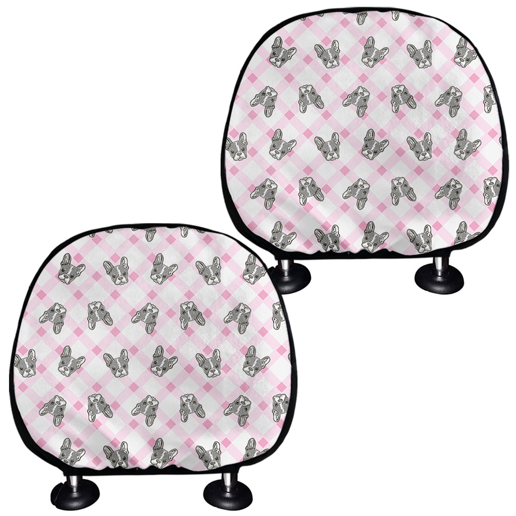 Pink Boston Terrier Plaid Print Car Headrest Covers